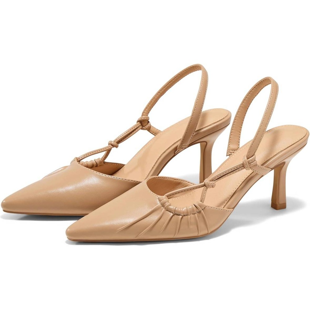 Nude Pointed Toe Slingback Kitten Heels Wedding Dress Pumps Ruched NIB Sz 8